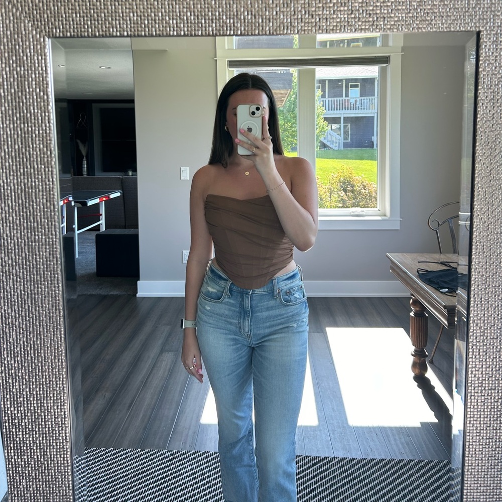 Brown Strapless Mesh Bustier Zip Top